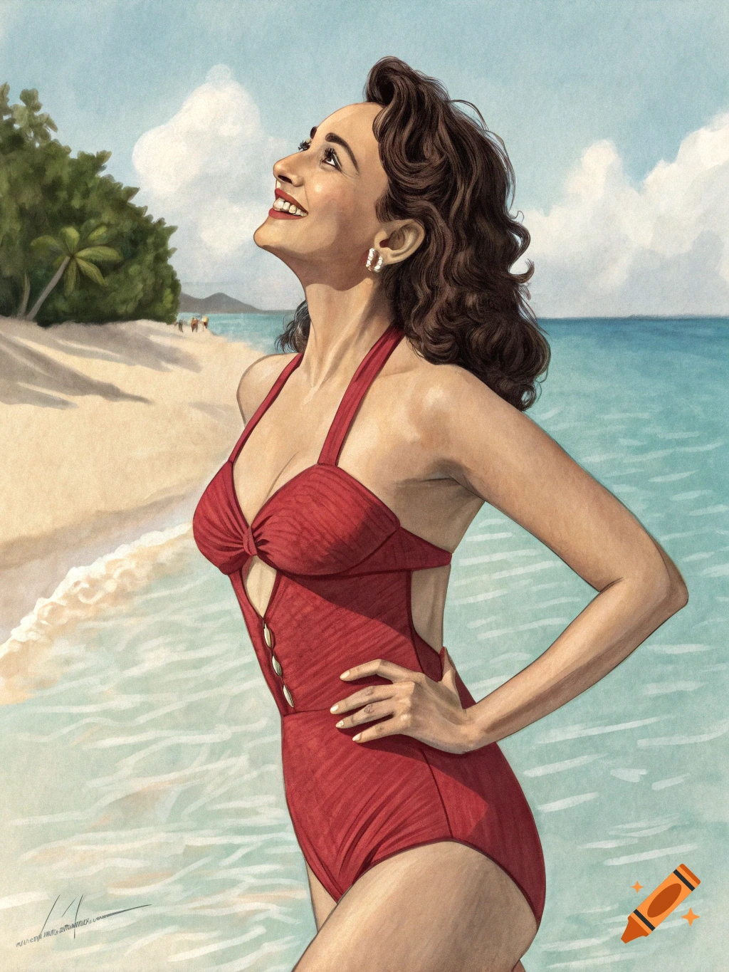 Illustration of a woman in a red swimsuit smiling on a beach