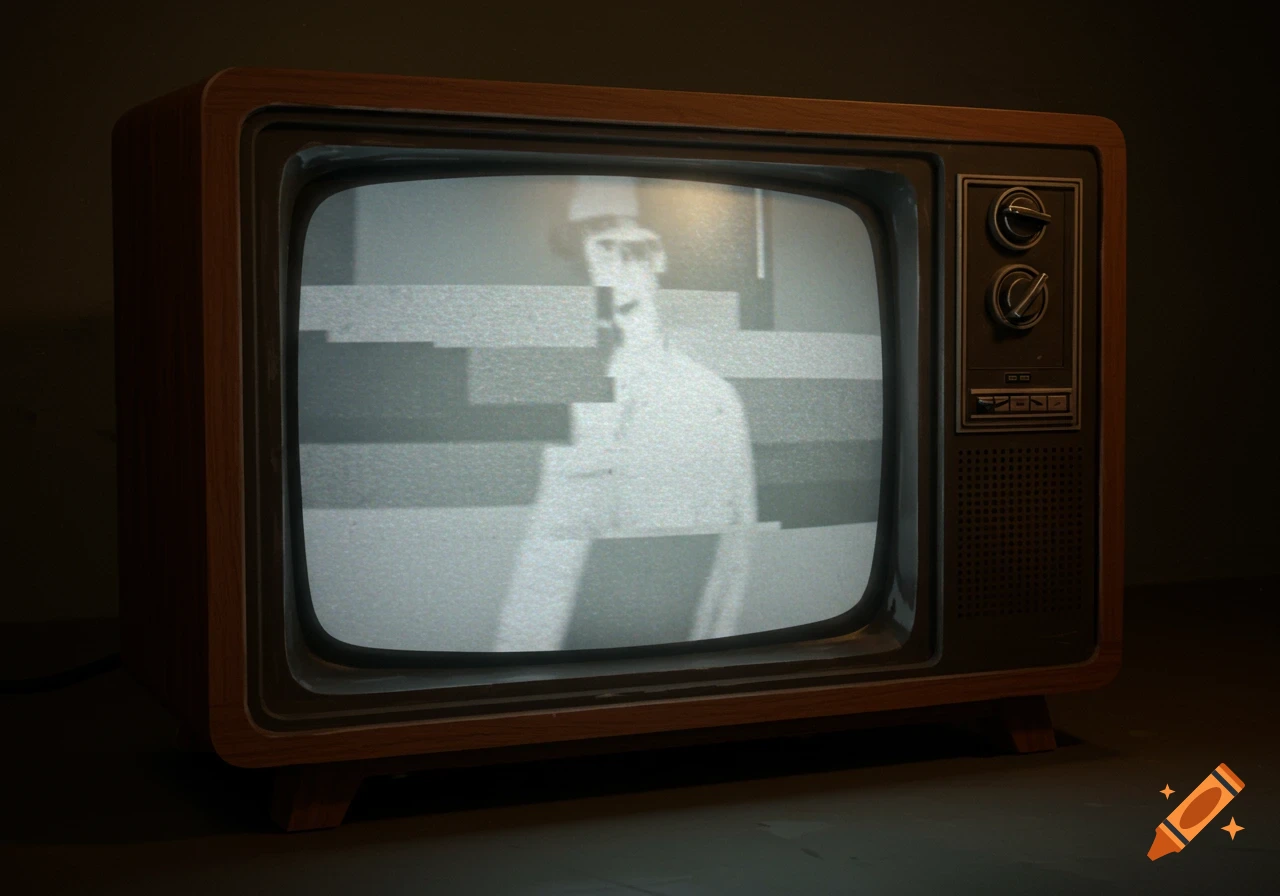 Old television set displaying a figure with static interference.