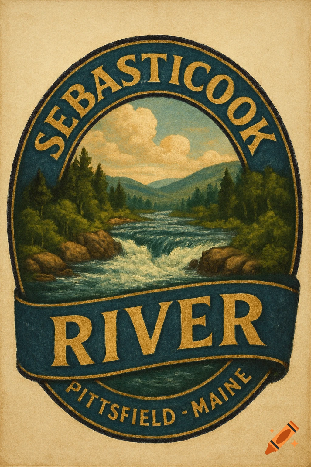 Vintage-style logo for Sebasticook River, Pittsfield, Maine, showing a river, mountains, and trees.