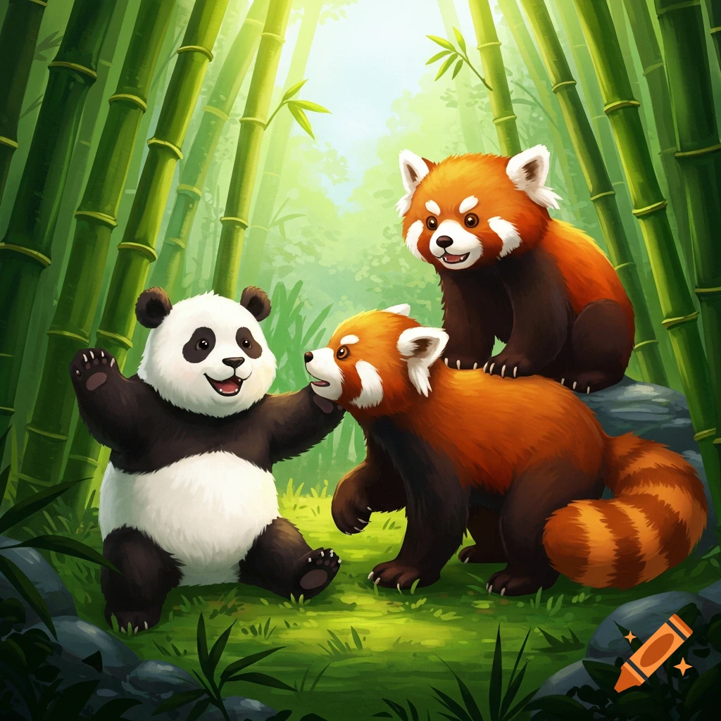 Cute panda and red pandas in a bamboo forest.