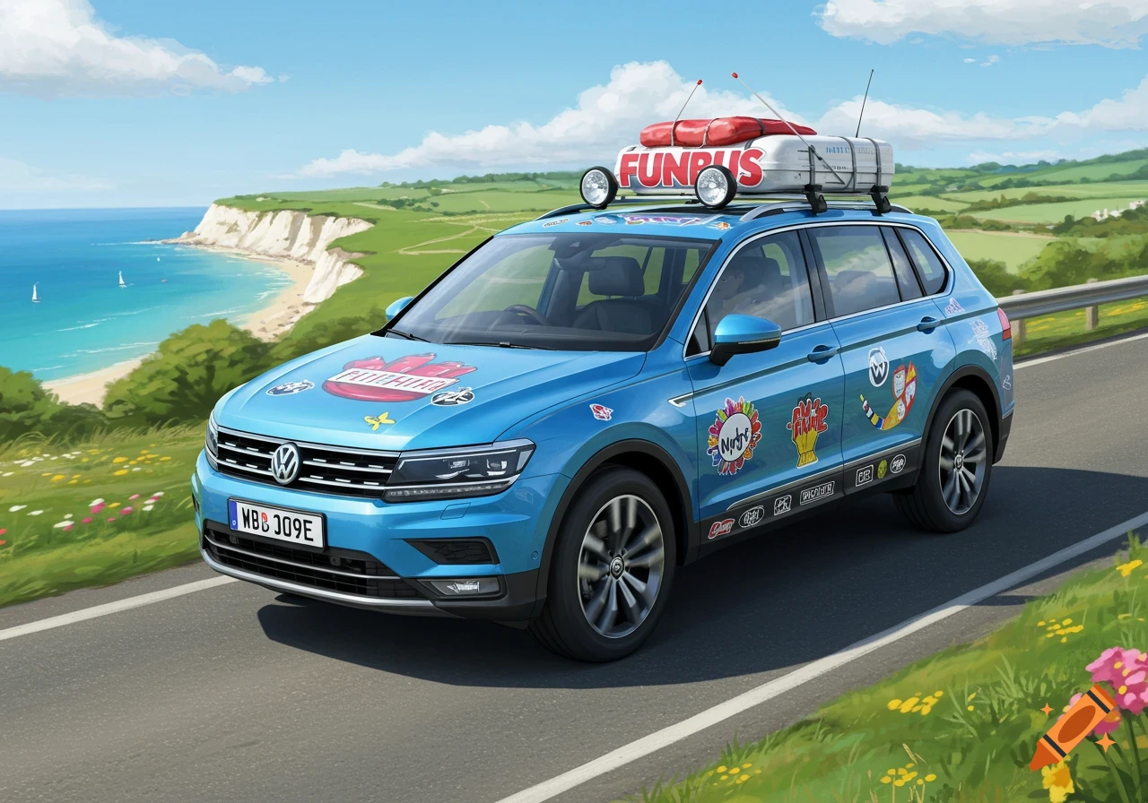 A blue Volkswagen Tiguan SUV with colorful stickers and a "FUNBUS" box on the roof drives along a coastal road.