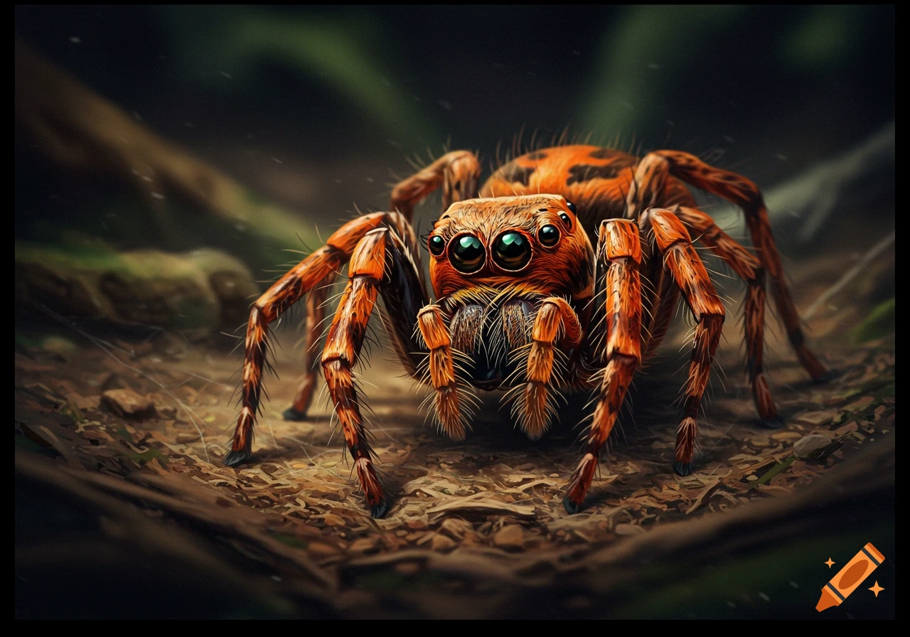 A close-up illustration of an orange and black jumping spider on the ground.