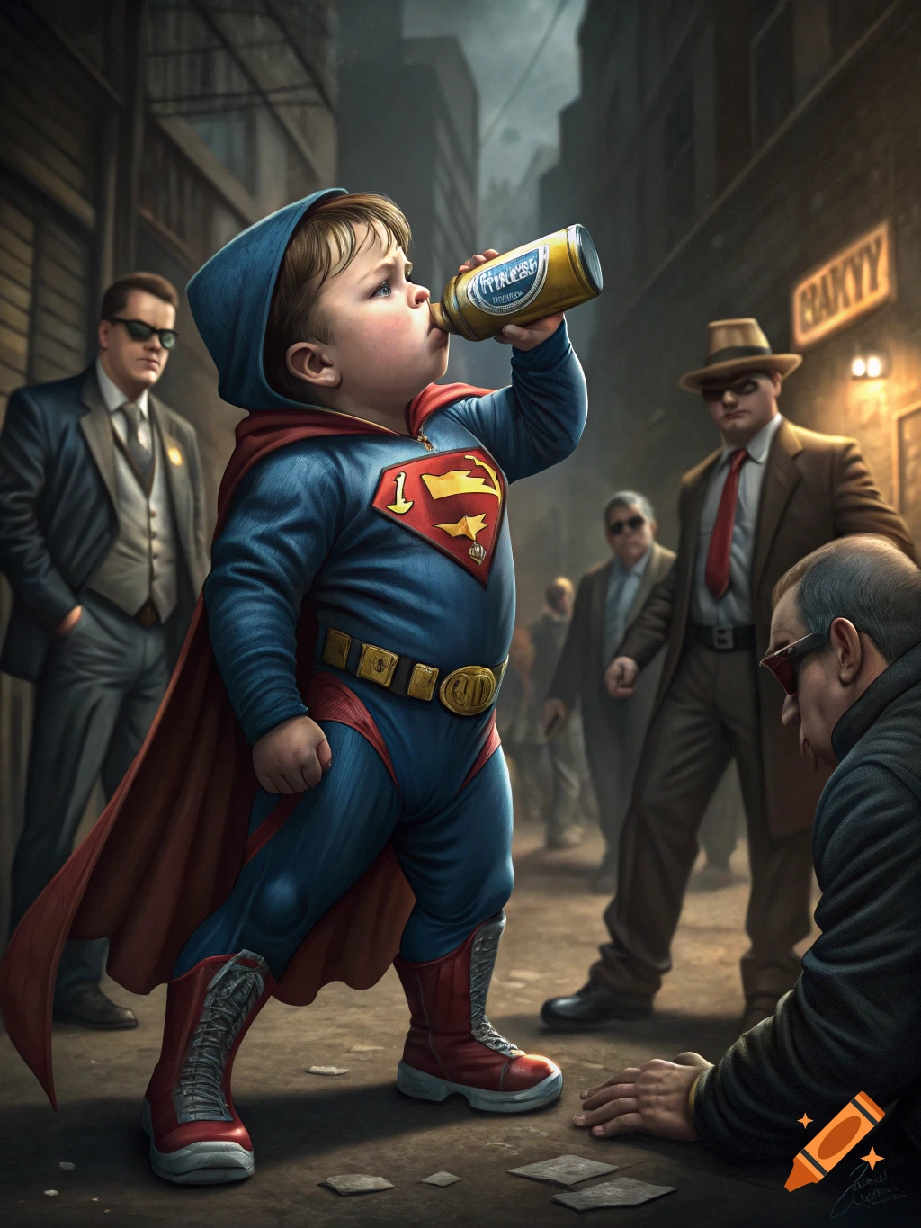 A young child in a Superman costume drinks from a bottle in a city alley surrounded by men in suits.