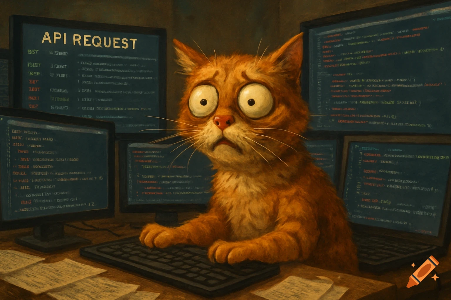 Confused orange cat with wide eyes sits at a computer with multiple monitors displaying code.