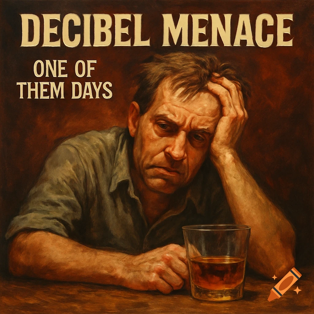 Painting of a distressed man with a drink at a table, hand on head. Titled 'Decibel Menace One Of Them Days' album cover style.