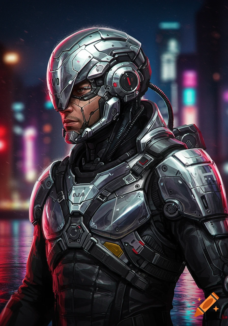 Close-up illustration of a man wearing a futuristic metallic cyborg suit in a cyberpunk city background.