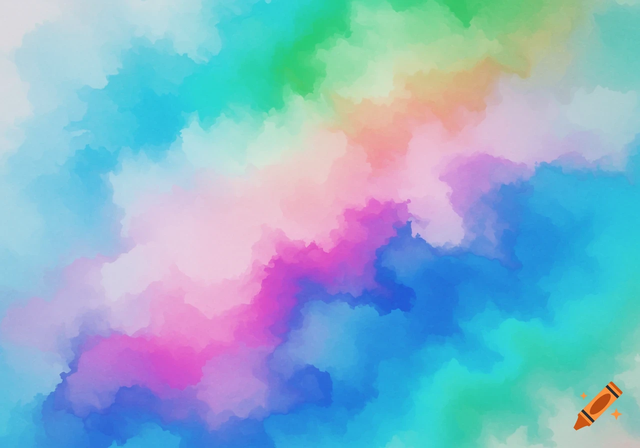 Abstract watercolor background with washes of blue, green, pink, purple, and yellow.
