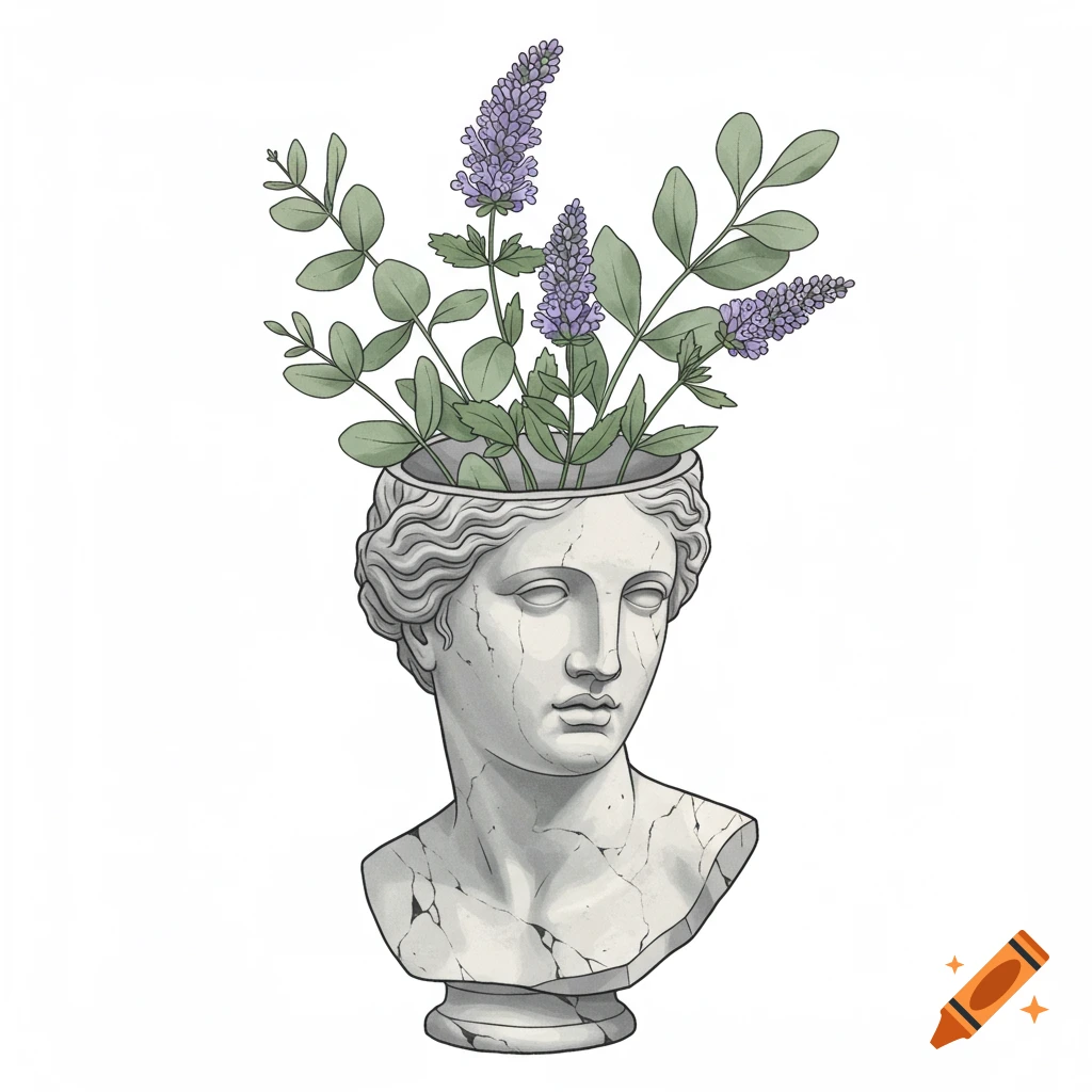 Classical marble bust with lavender catmint and eucalyptus growing from the top, fine-line watercolor style.