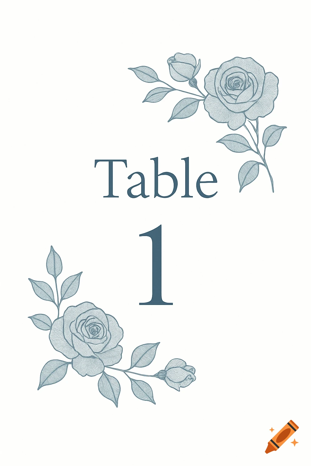 Minimalist wedding table number design with blue roses and text 'Table 1'.