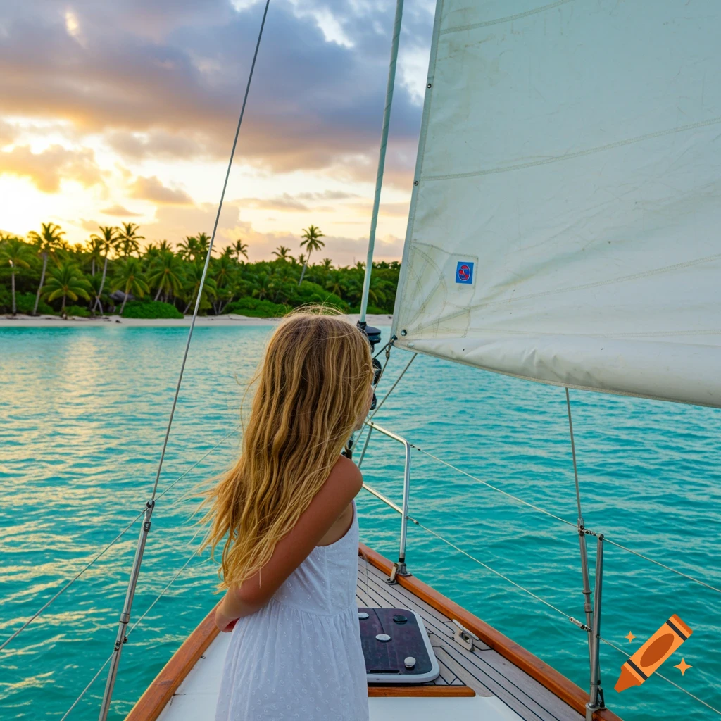 Blonde girl on sailboat deck looks at tropical beach at sunset