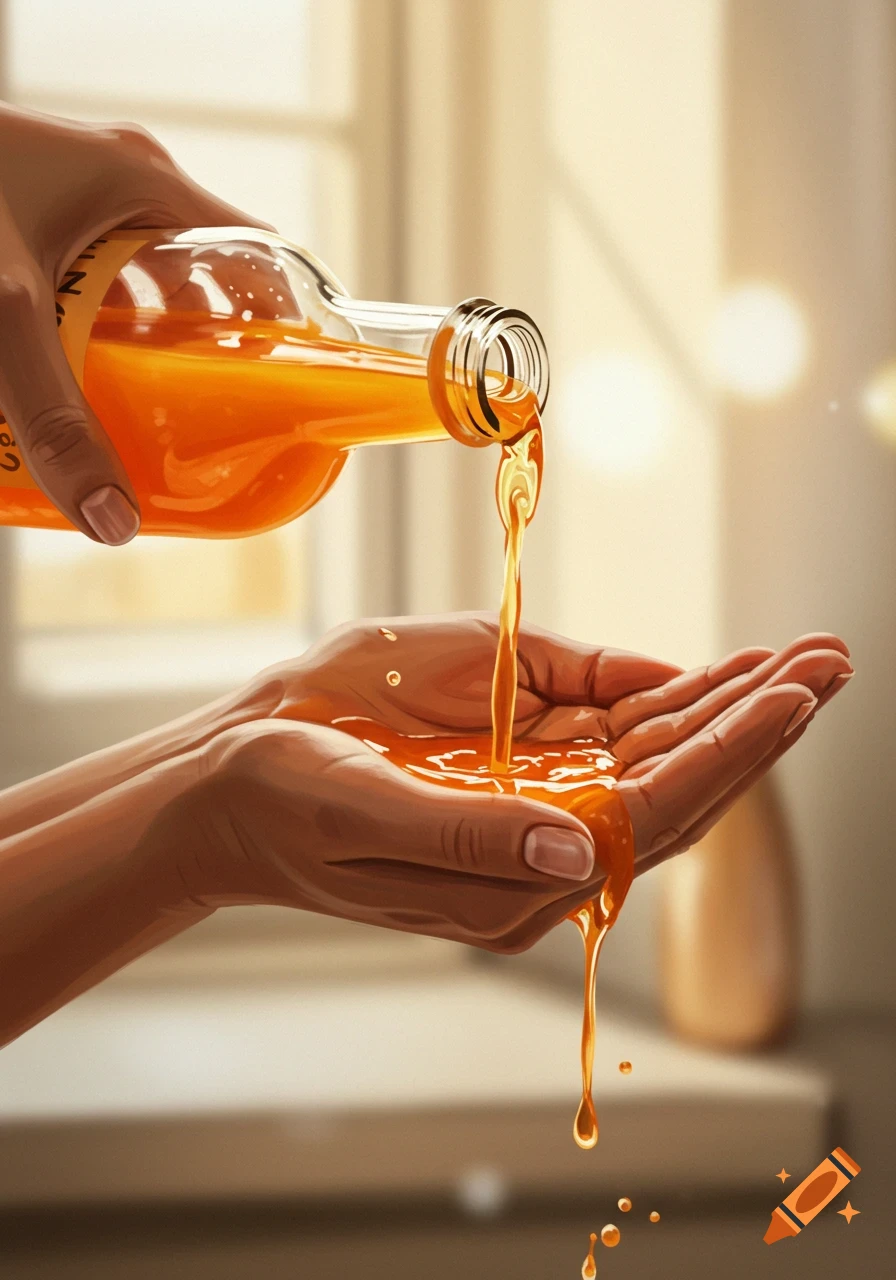 Pouring orange liquid from a bottle into cupped hands