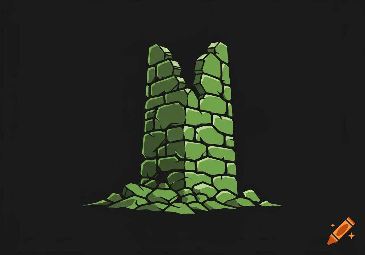 A green crumbling stone tower on a black background, vector style.
