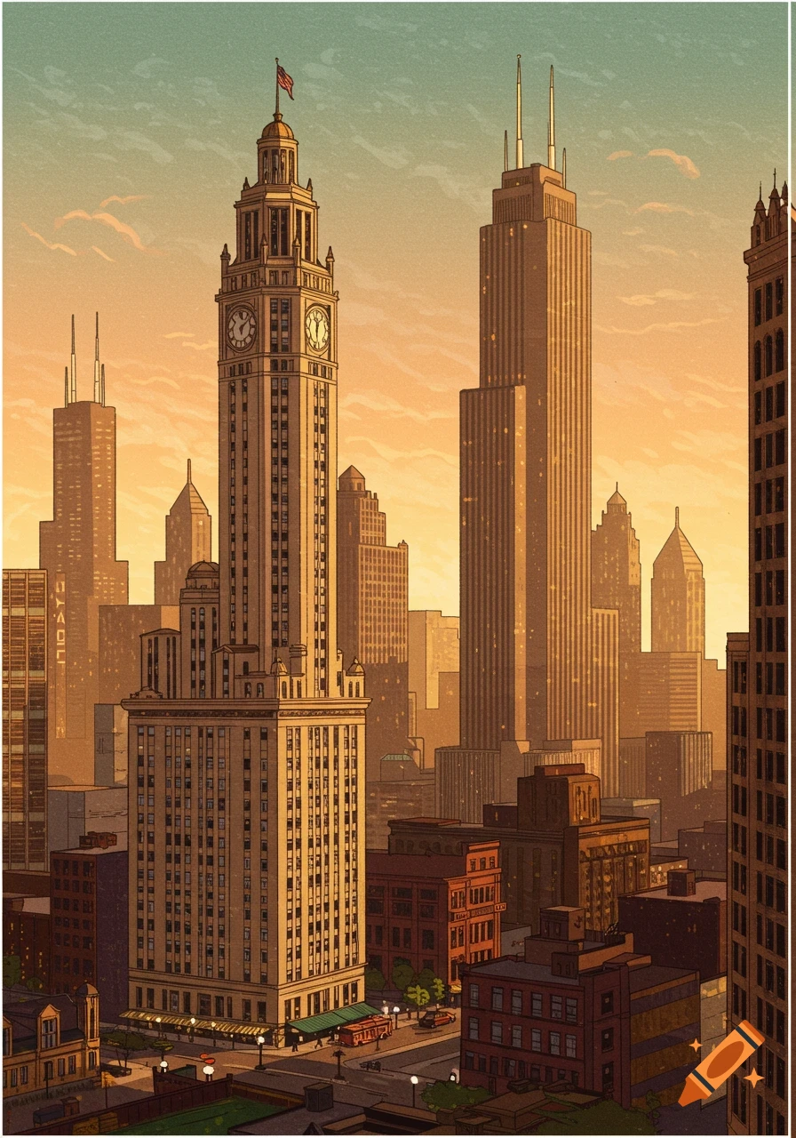 Vintage illustration of a city skyline with a clock tower and skyscrapers under an orange sky.