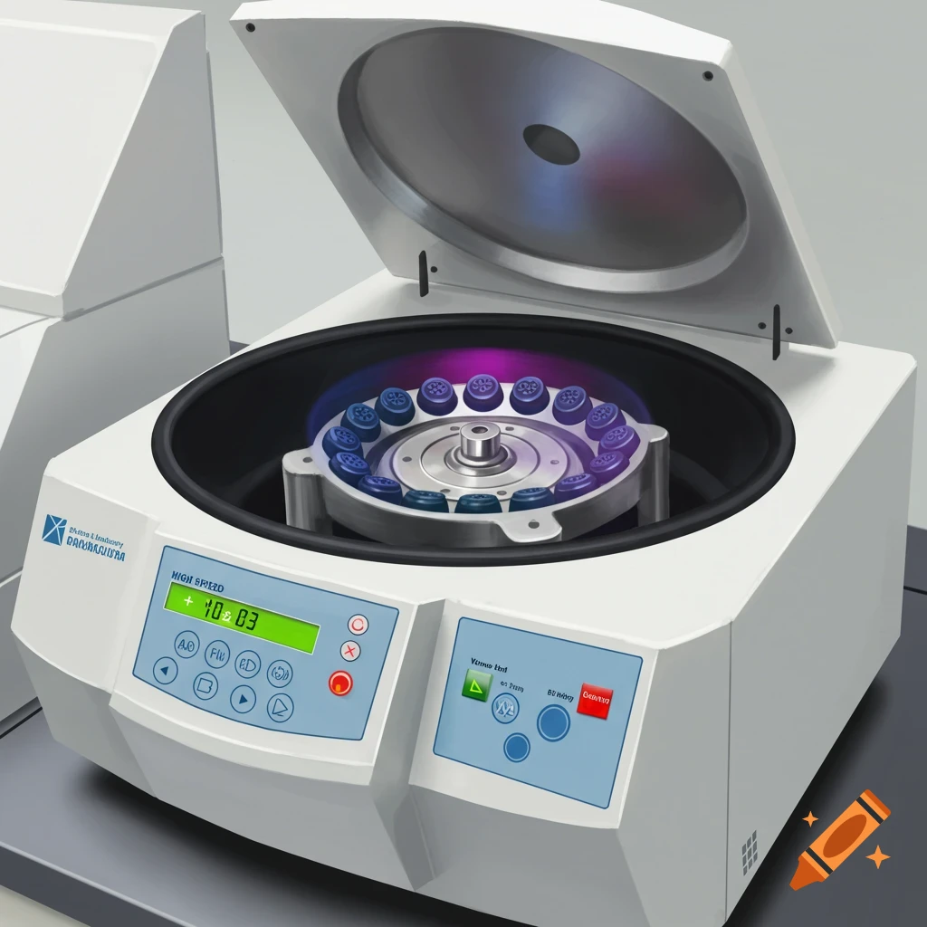 A laboratory centrifuge with the lid open, showing the rotor and vials inside.