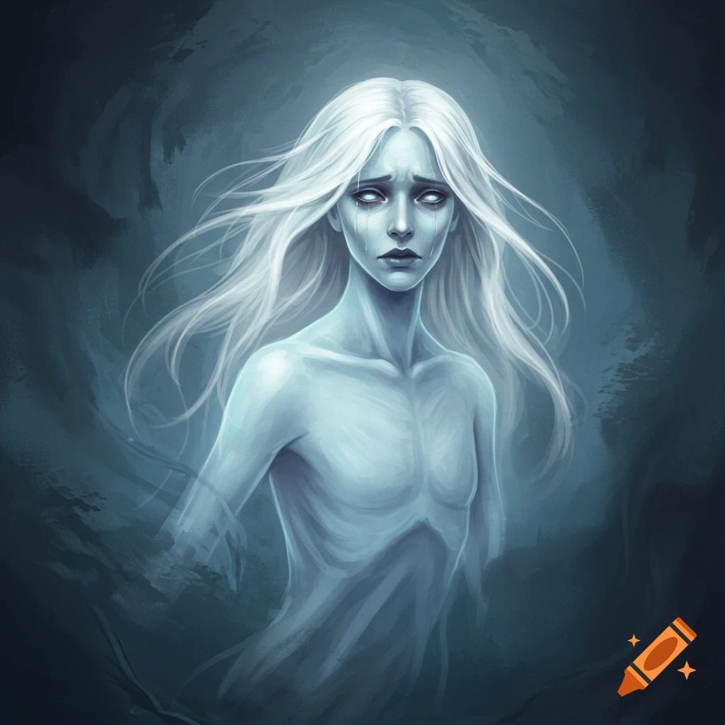 A sorrowful ghost figure with white hair and glowing eyes, painterly style.