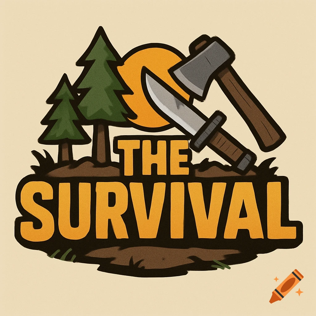 A stylized logo for 'The Survival' game featuring trees, a sun, a knife, and an axe.