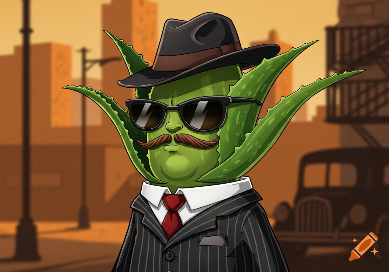Cartoon aloe plant in a pinstripe suit, fedora, and sunglasses stands on a street.