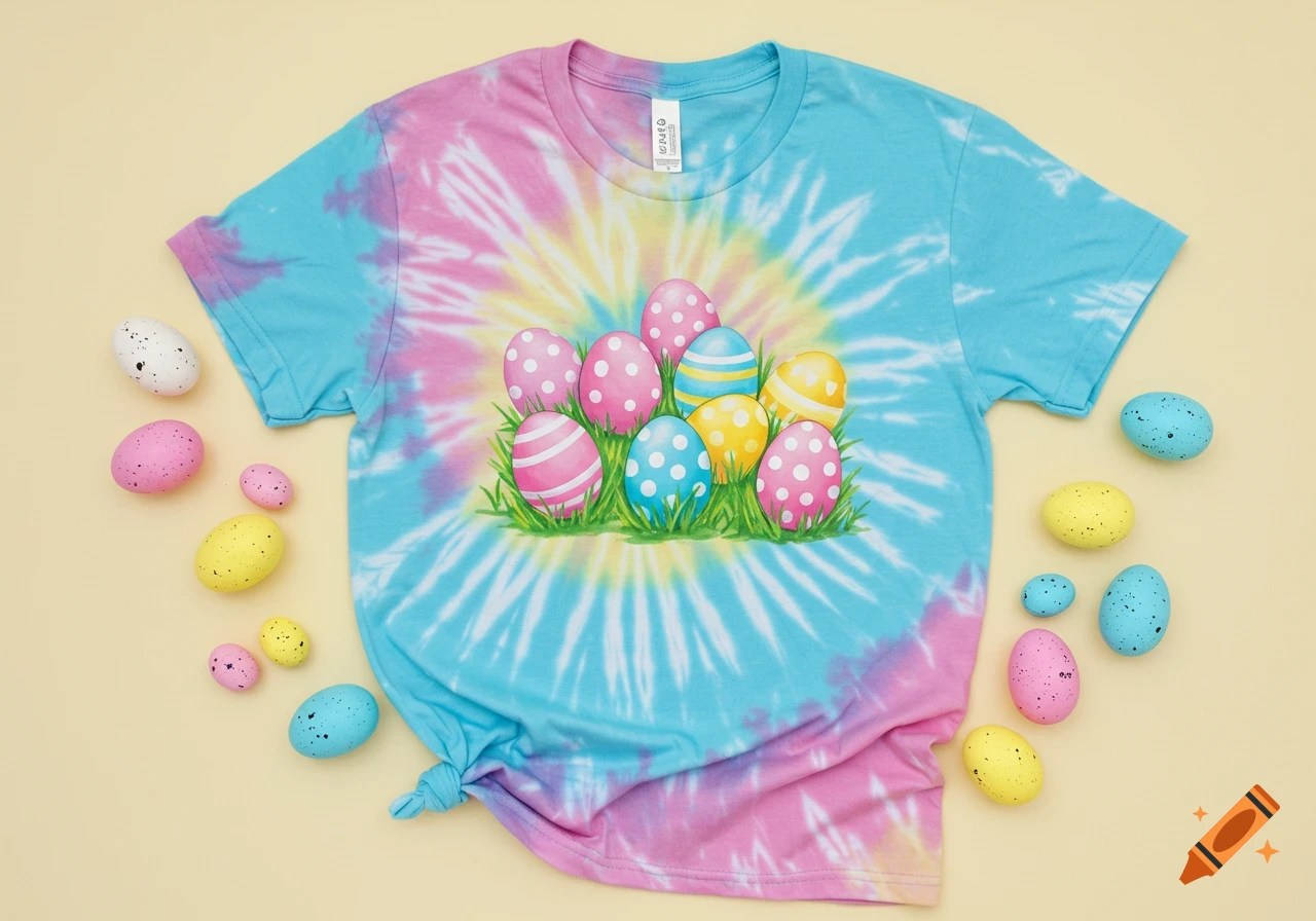 Tie-dye t-shirt with Easter eggs and grass design, surrounded by loose Easter eggs