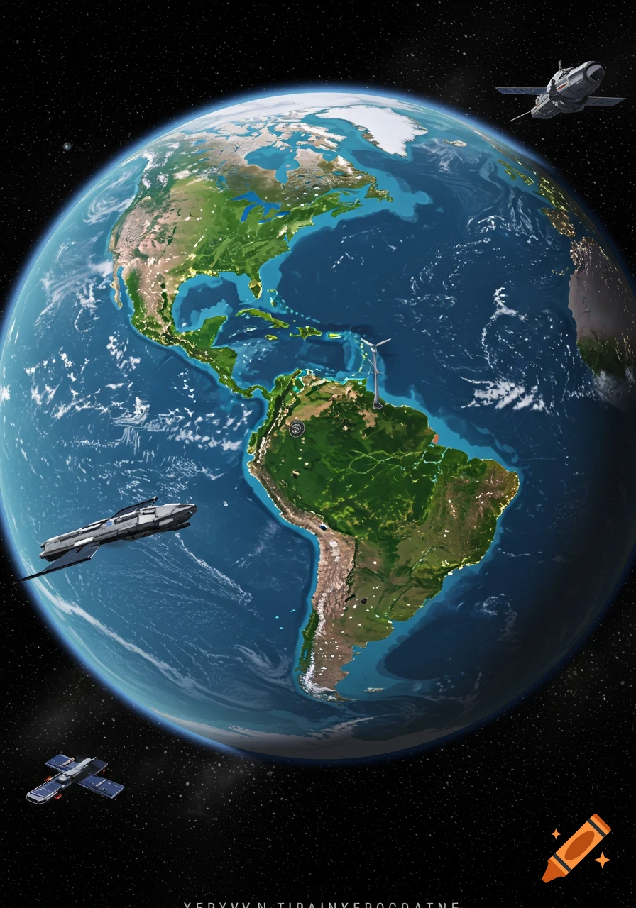 View of Earth from space with spacecraft orbiting, showing North and ...