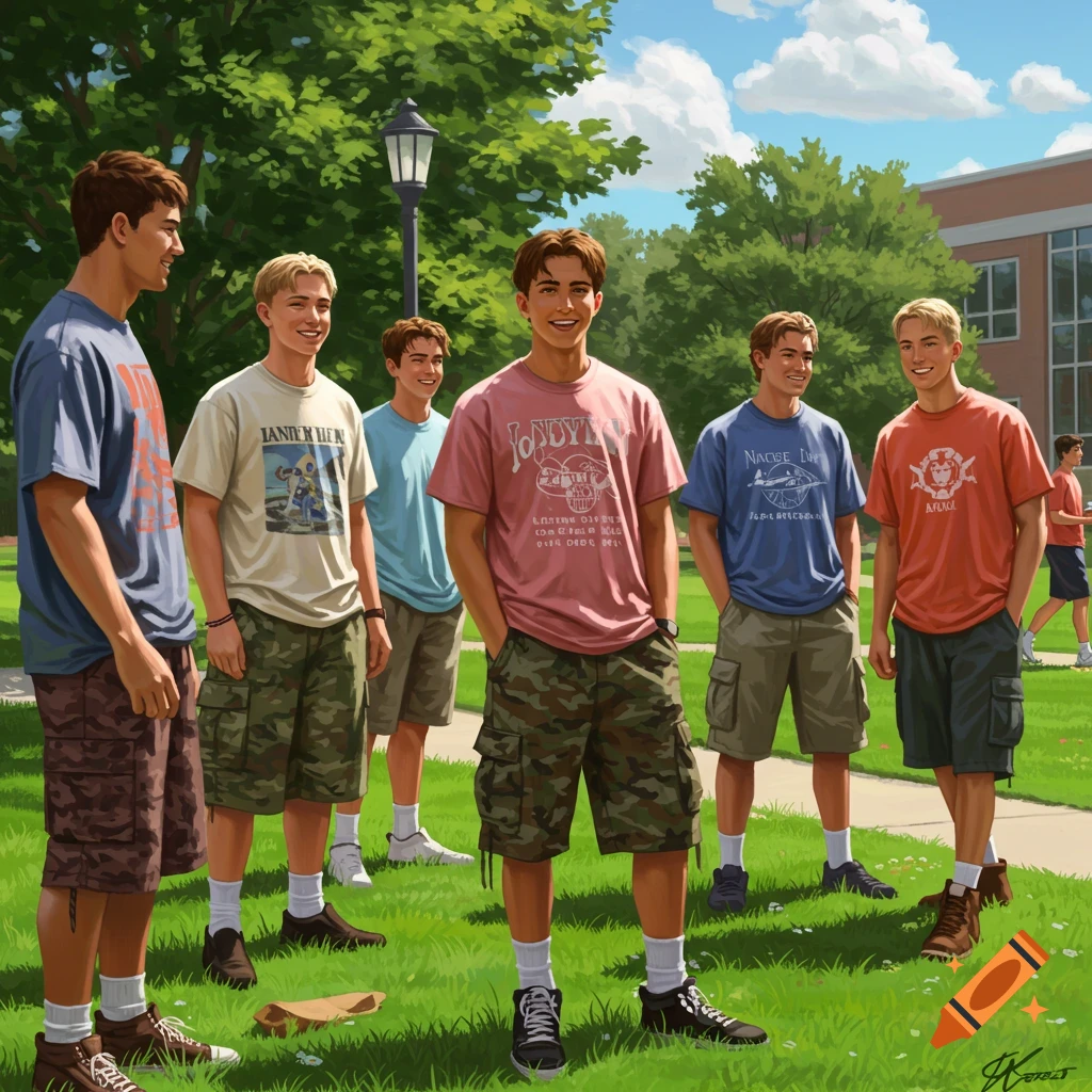 Group of young men standing on a grassy lawn near a building.