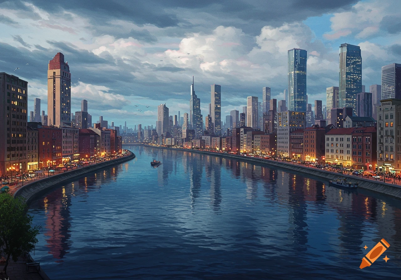 Painterly illustration of a city skyline along a river at dusk.
