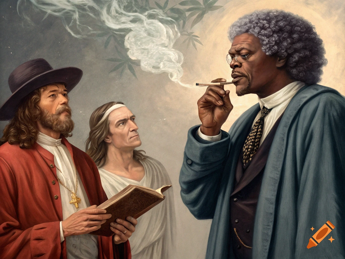 Painting of three figures resembling historical/religious figures and a celebrity, one smoking.