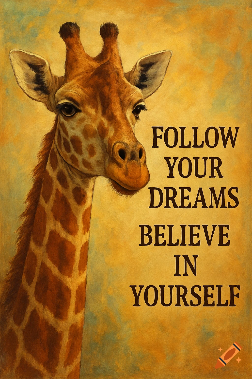 Painted giraffe head and neck with the quote 'Follow Your Dreams Believe In Yourself'