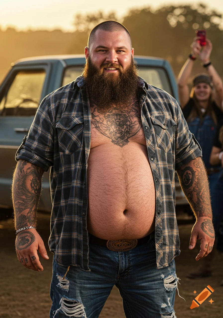 Photorealistic portrait of a smiling, heavily tattooed bearded man in ripped jeans and open shirt standing in front of a truck.