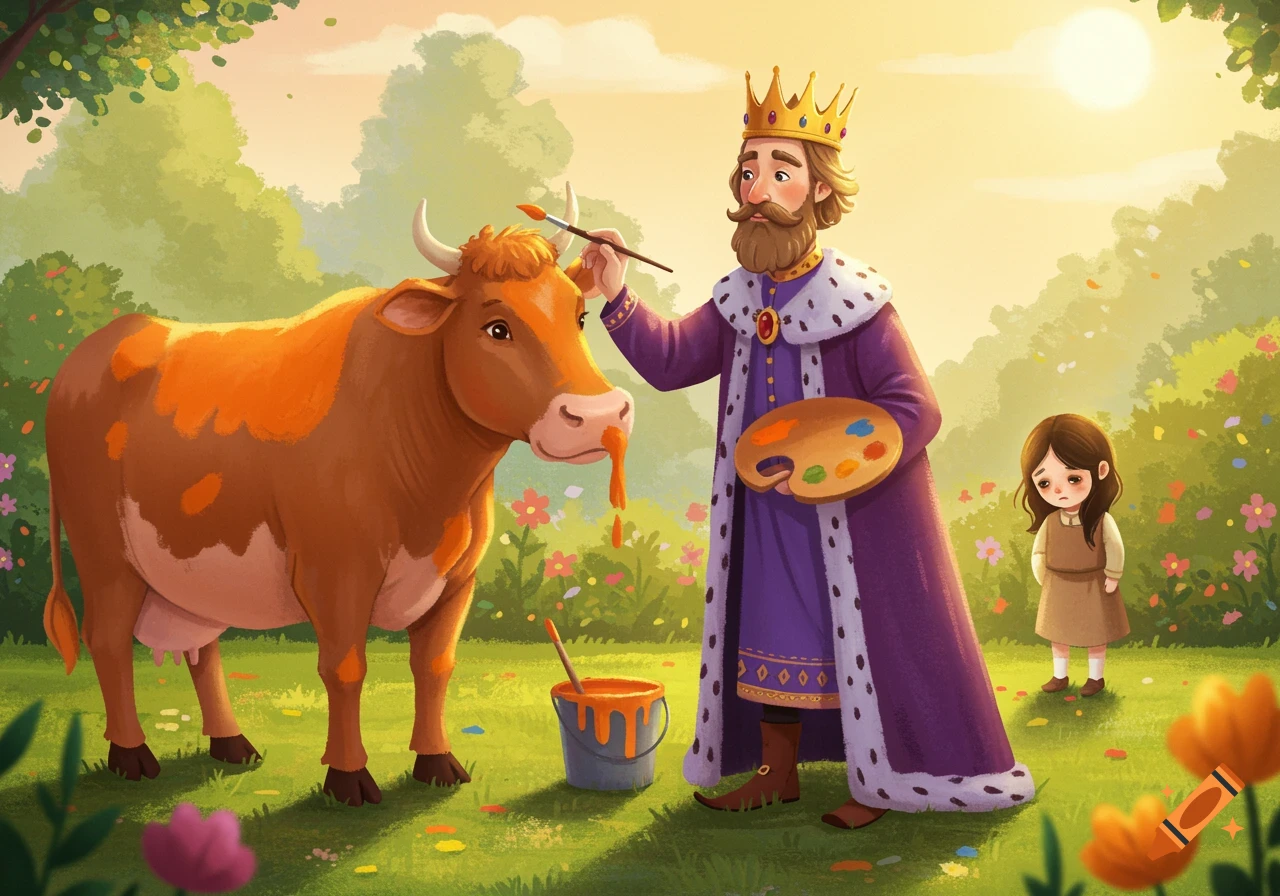 A king painting a cow orange as a sad girl watches in a field.