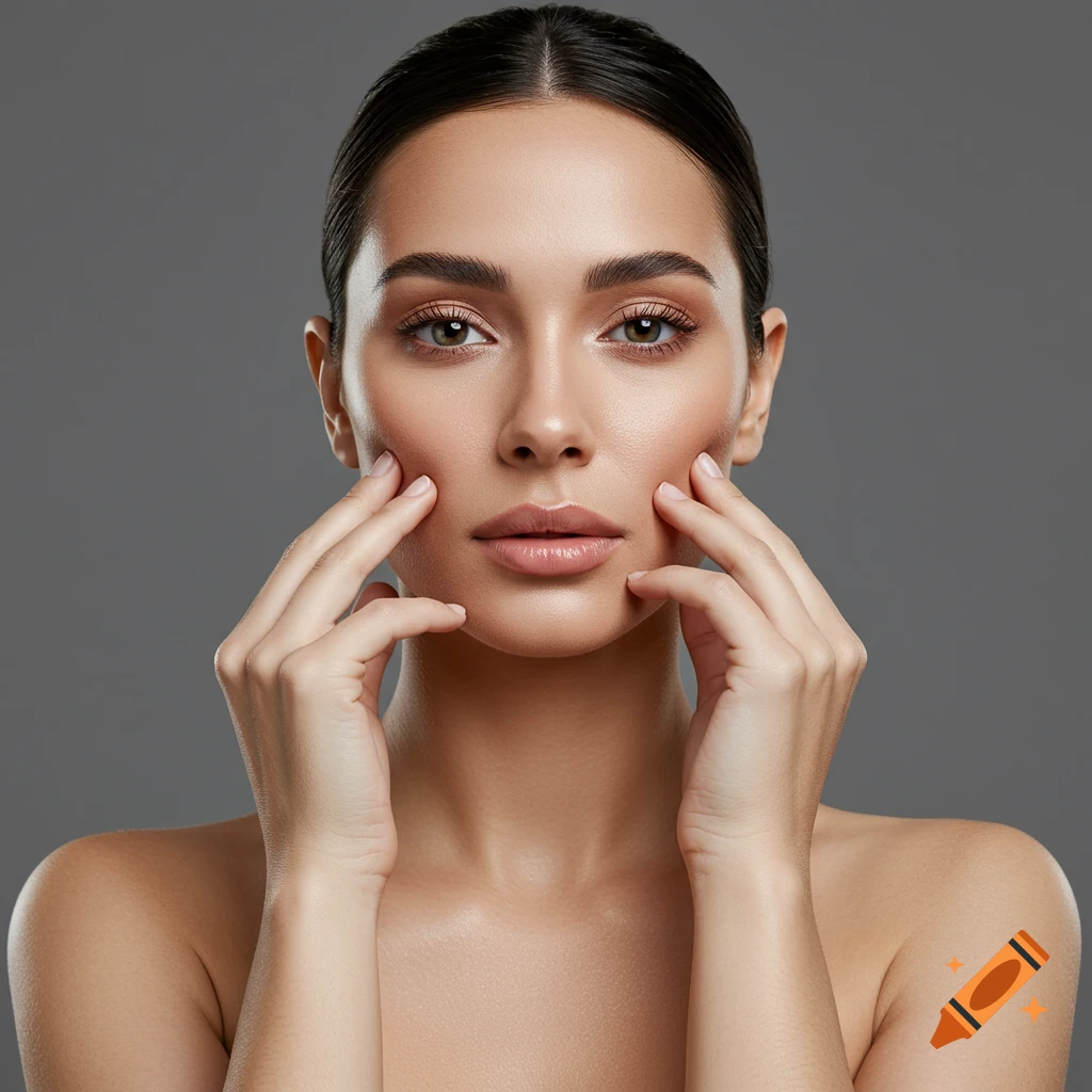Close-up portrait of a woman touching her face with both hands against a grey background.