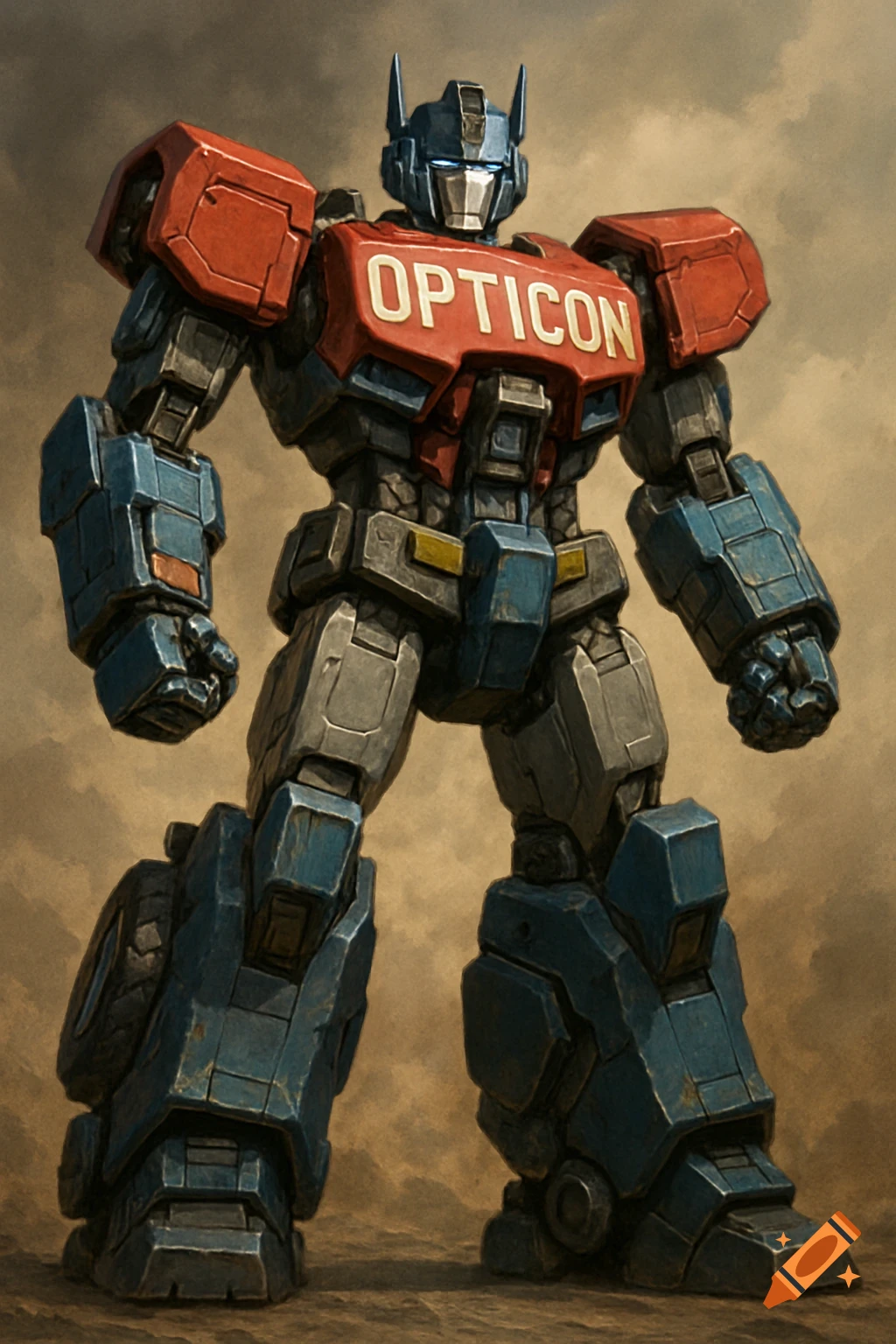 A large red and blue robot resembling Optimus Prime with 'OPTICON' on its chest stands in a dusty environment.