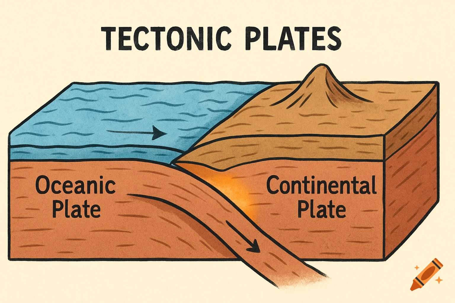 Diagram showing an oceanic plate subducting under a continental plate