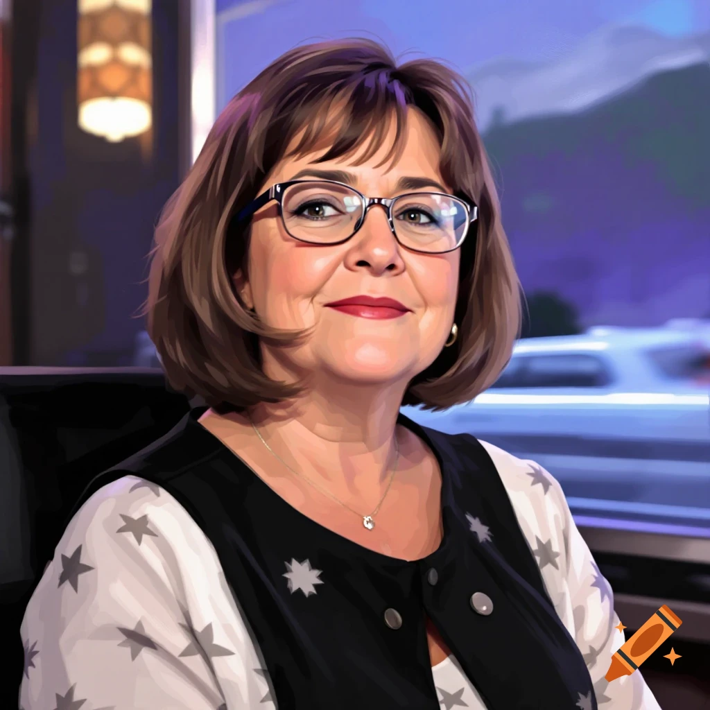 A portrait of a woman wearing glasses, a black vest, and a white shirt ...