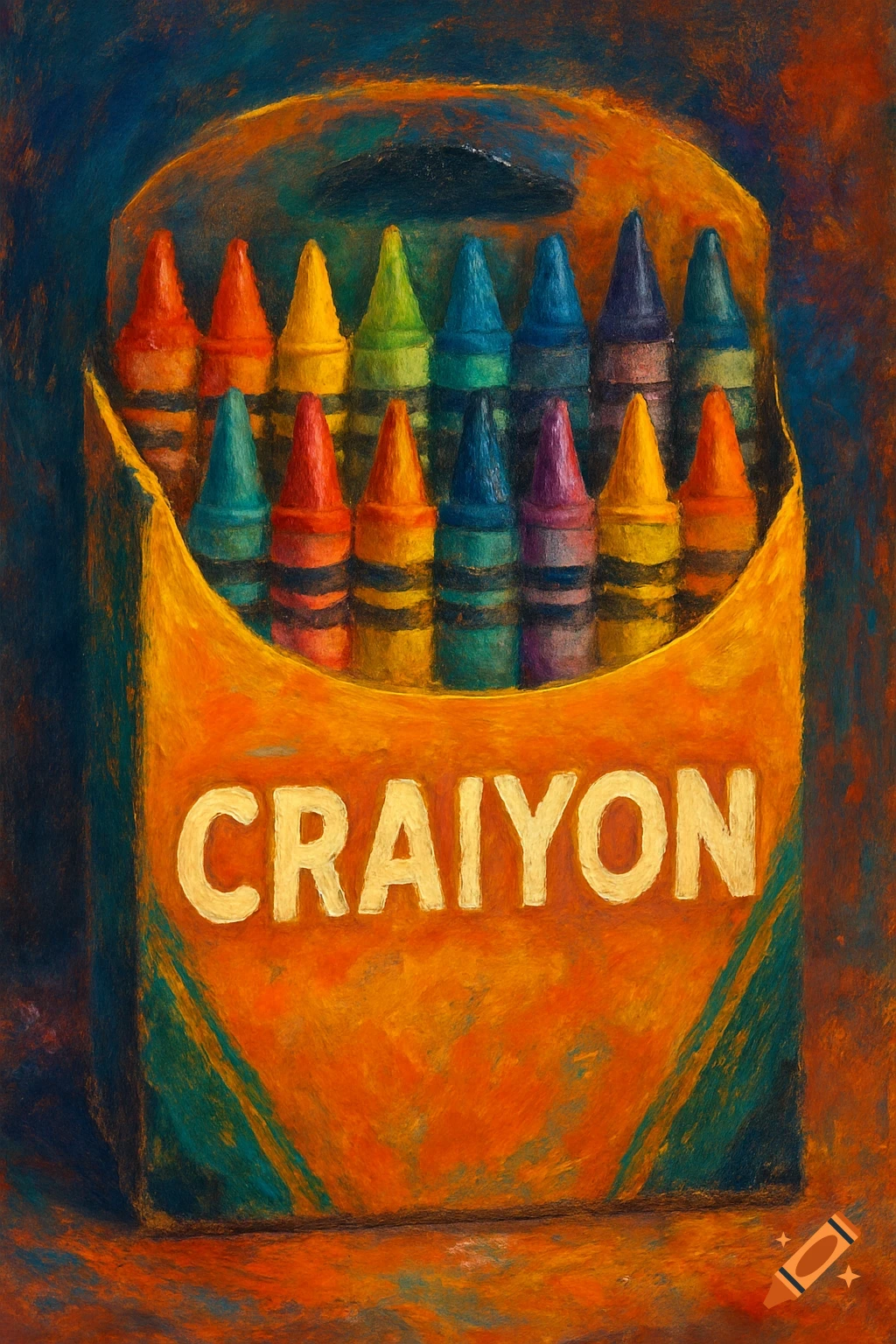A painterly image of a box of colorful crayons.