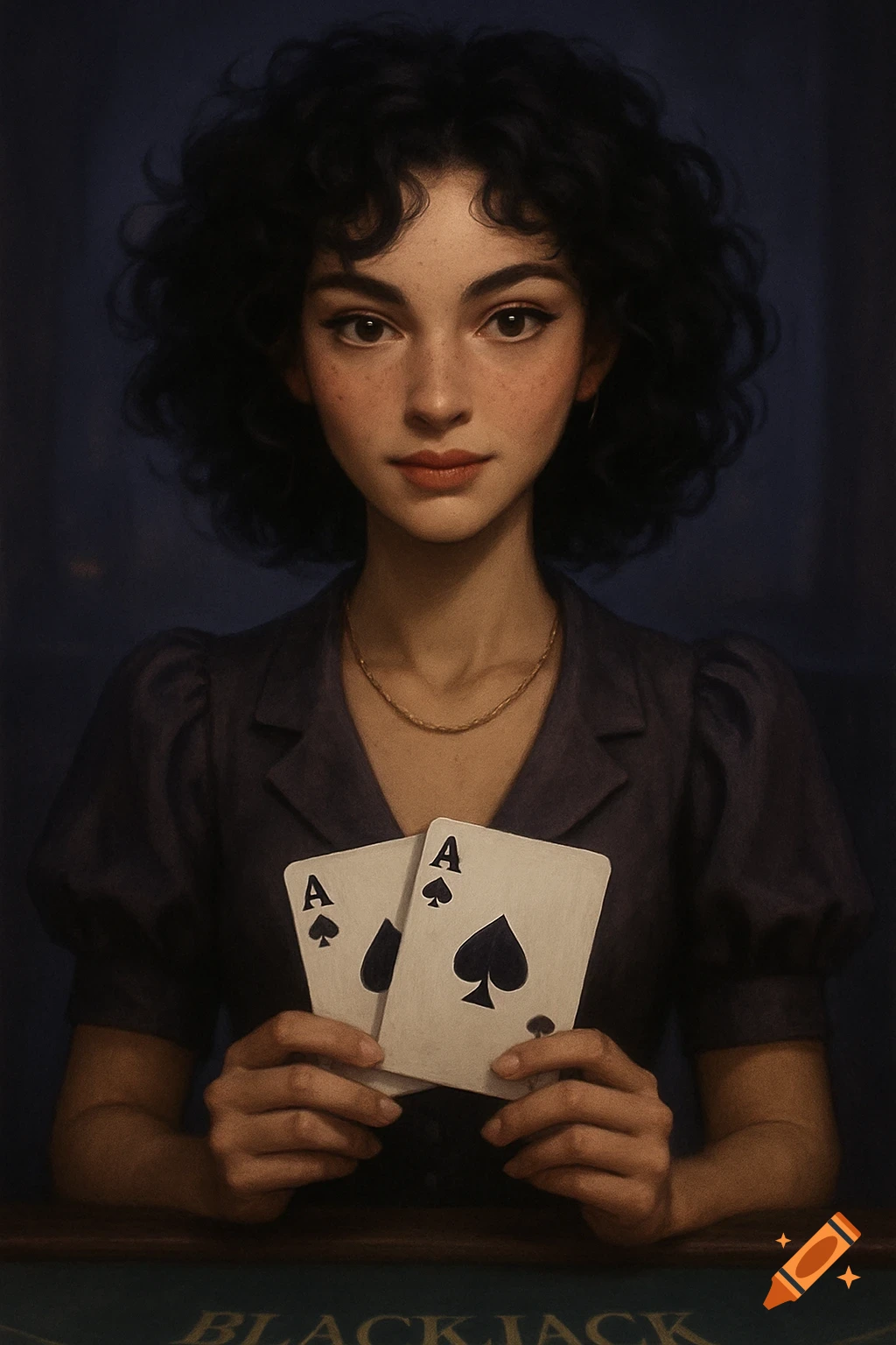 Semi-realistic painting of a woman holding two Ace cards at a Blackjack table.
