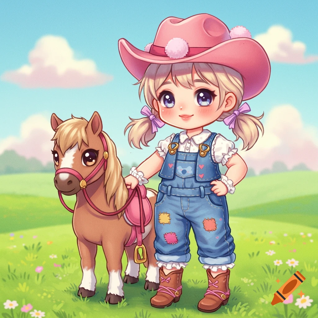 Chibi cowgirl with a pony in a field.