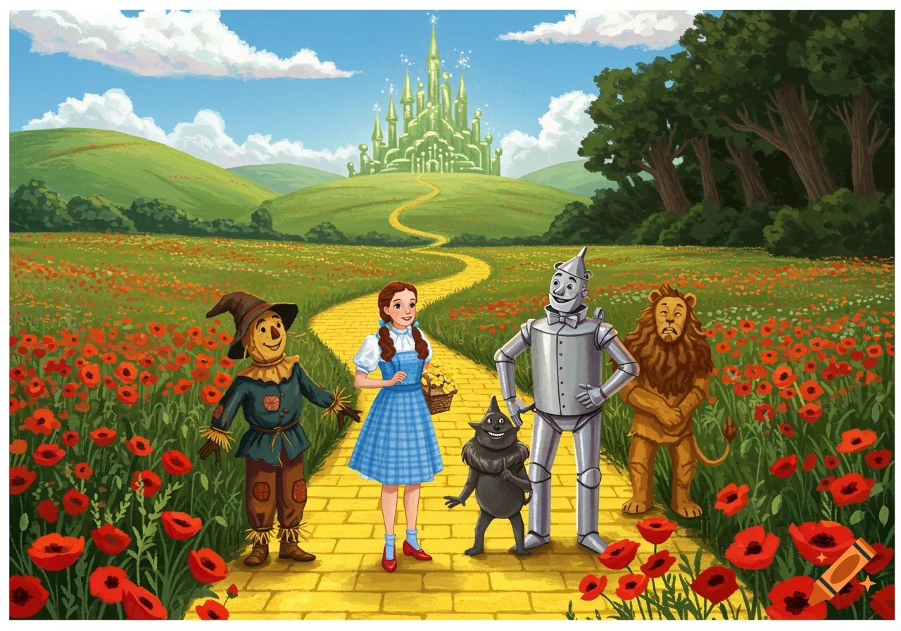 Illustration of Dorothy, Scarecrow, Tin Man, and Lion on the yellow brick road to the Emerald City through a poppy field.