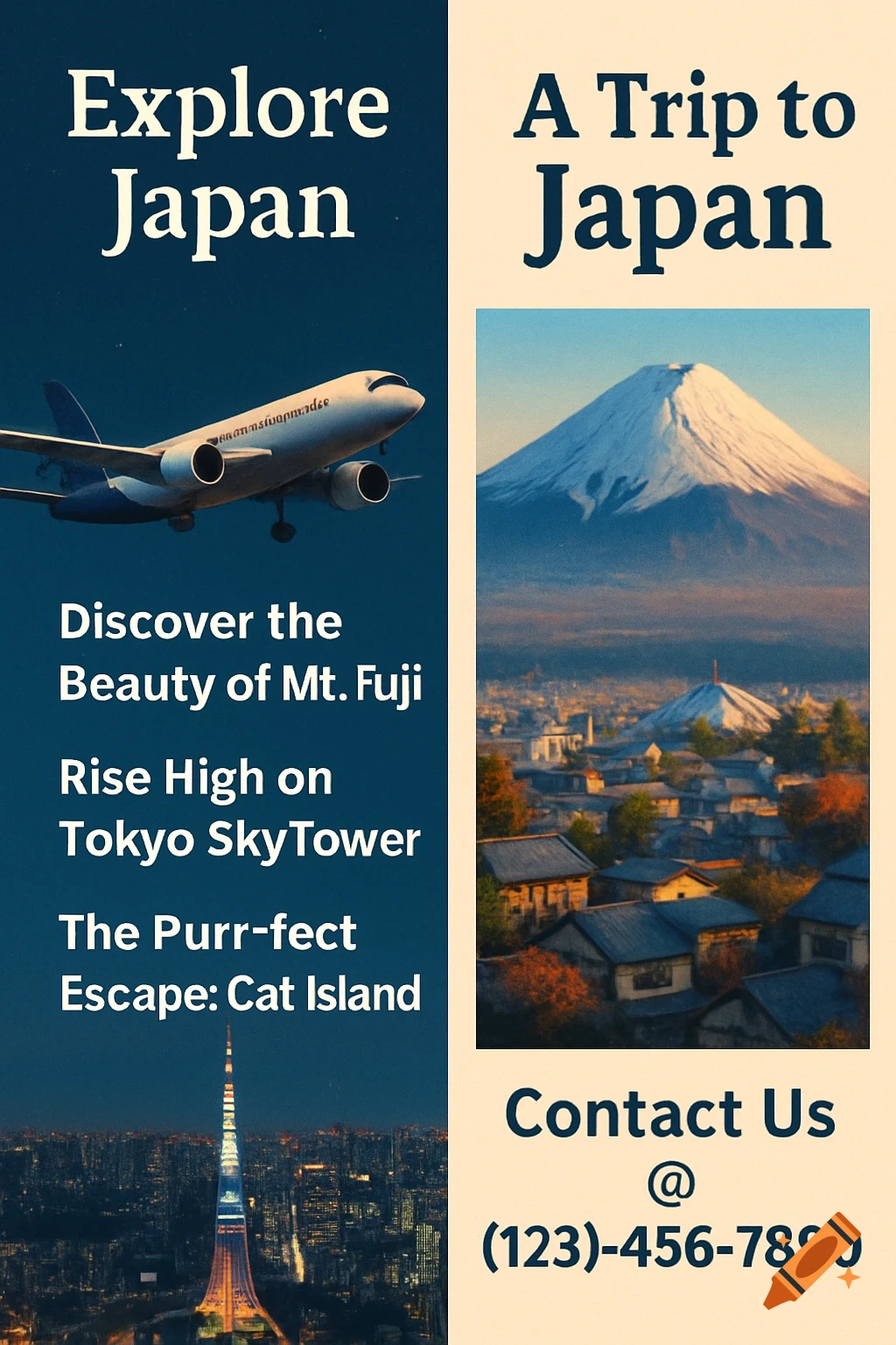 Travel brochure for Japan with images of airplane, Tokyo skyline, Mt. Fuji, and text.