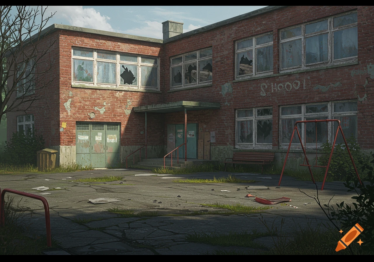 A rundown brick school building with broken windows, an overgrown courtyard, and a swingset.