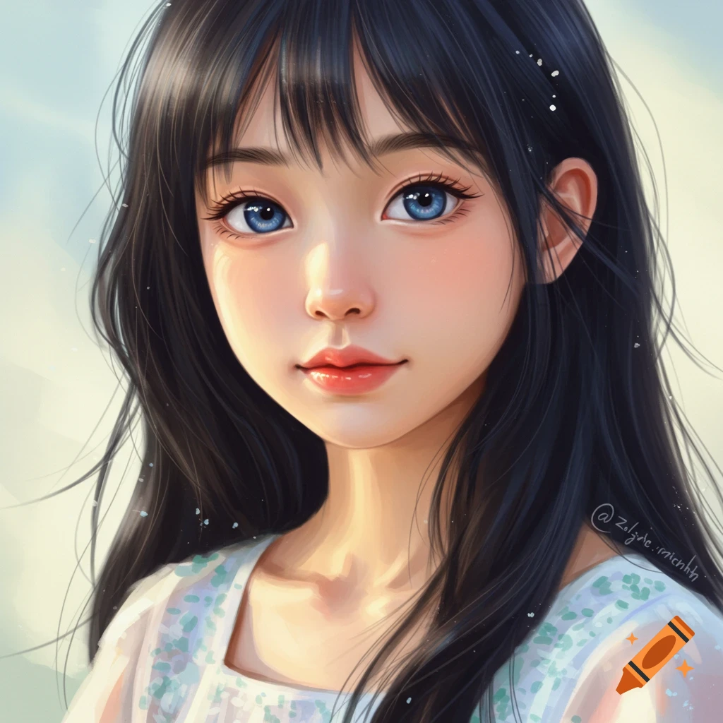 A digital painting portrait of a young girl with blue eyes and black hair.