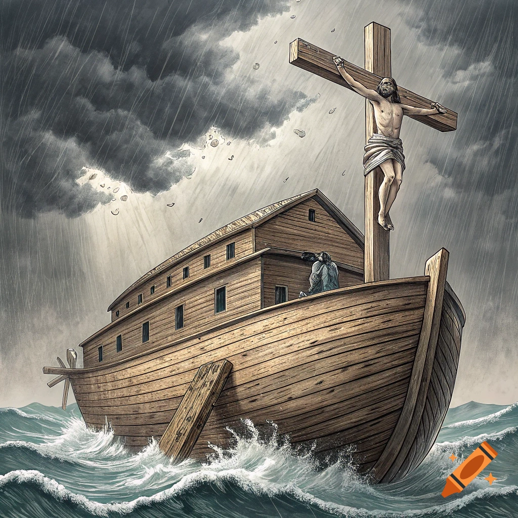 Noah's Ark on a stormy sea with Christ crucified on a cross mast.