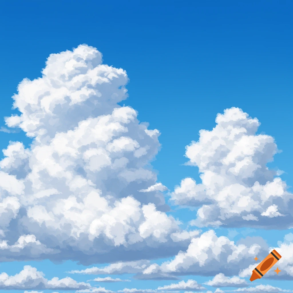 Blue sky filled with white cumulus clouds.