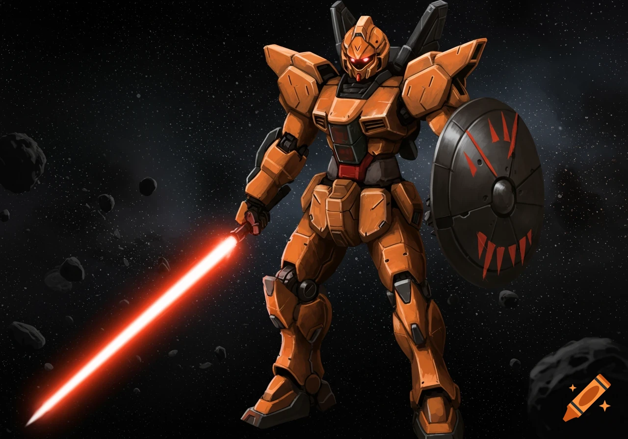 Orange mecha robot with beam saber and shield in space.
