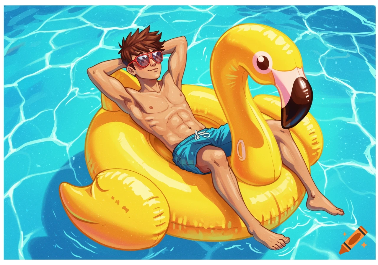 Illustration of a young man floating on a yellow flamingo tube in a pool