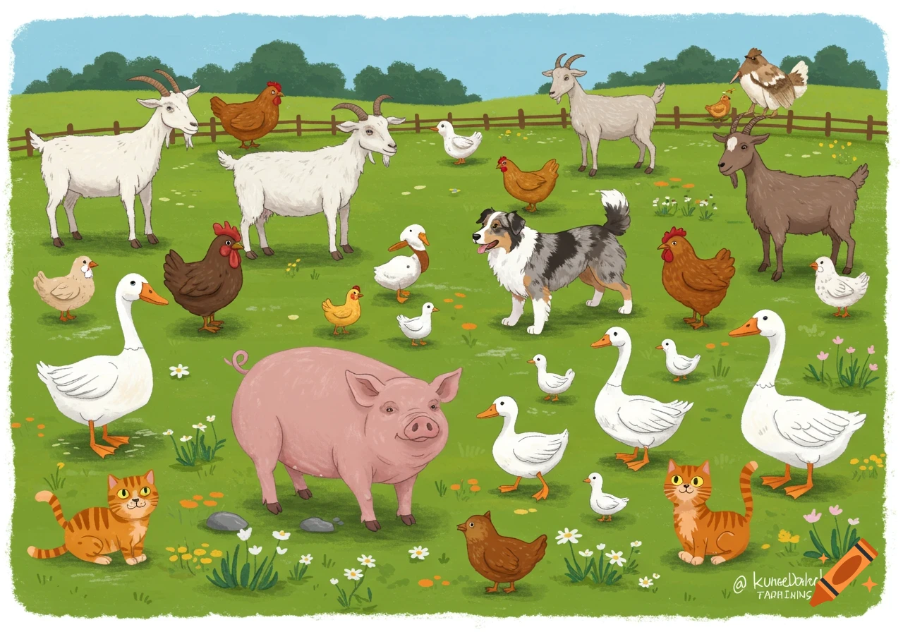 Illustration of a farm scene with pigs, goats, chickens, ducks, geese, a dog, and cats in a field.