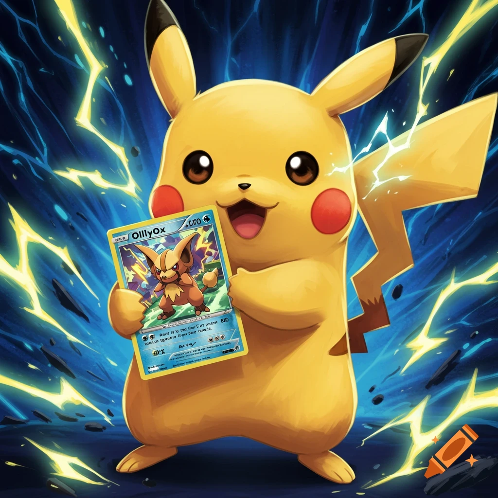 Pikachu holds a Pokemon card featuring the title OllyOx against an electric background. on Craiyon Pikachu holds a Pokemon card featuring the title OllyOx against an electric background. on Craiyon