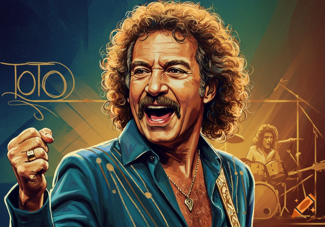 Stylized illustration of a musician with curly hair and mustache singing on stage with a band.
