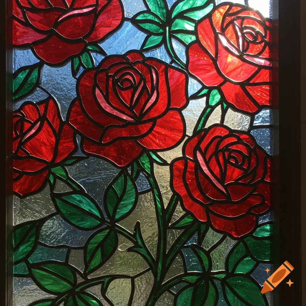 Close-up of a stained glass window featuring red roses and green leaves on a blue and clear background.