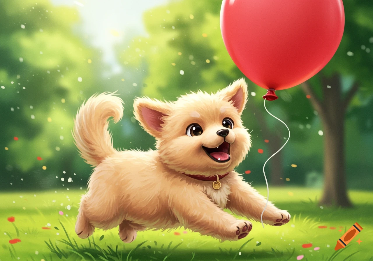 Cute puppy runs in a park with a red balloon, digital illustration.