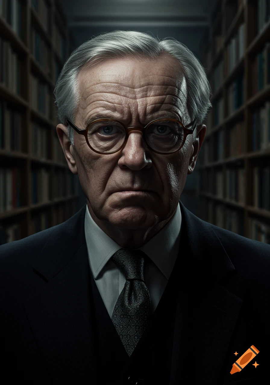 Close-up portrait of an older man with glasses in a suit in a library ...